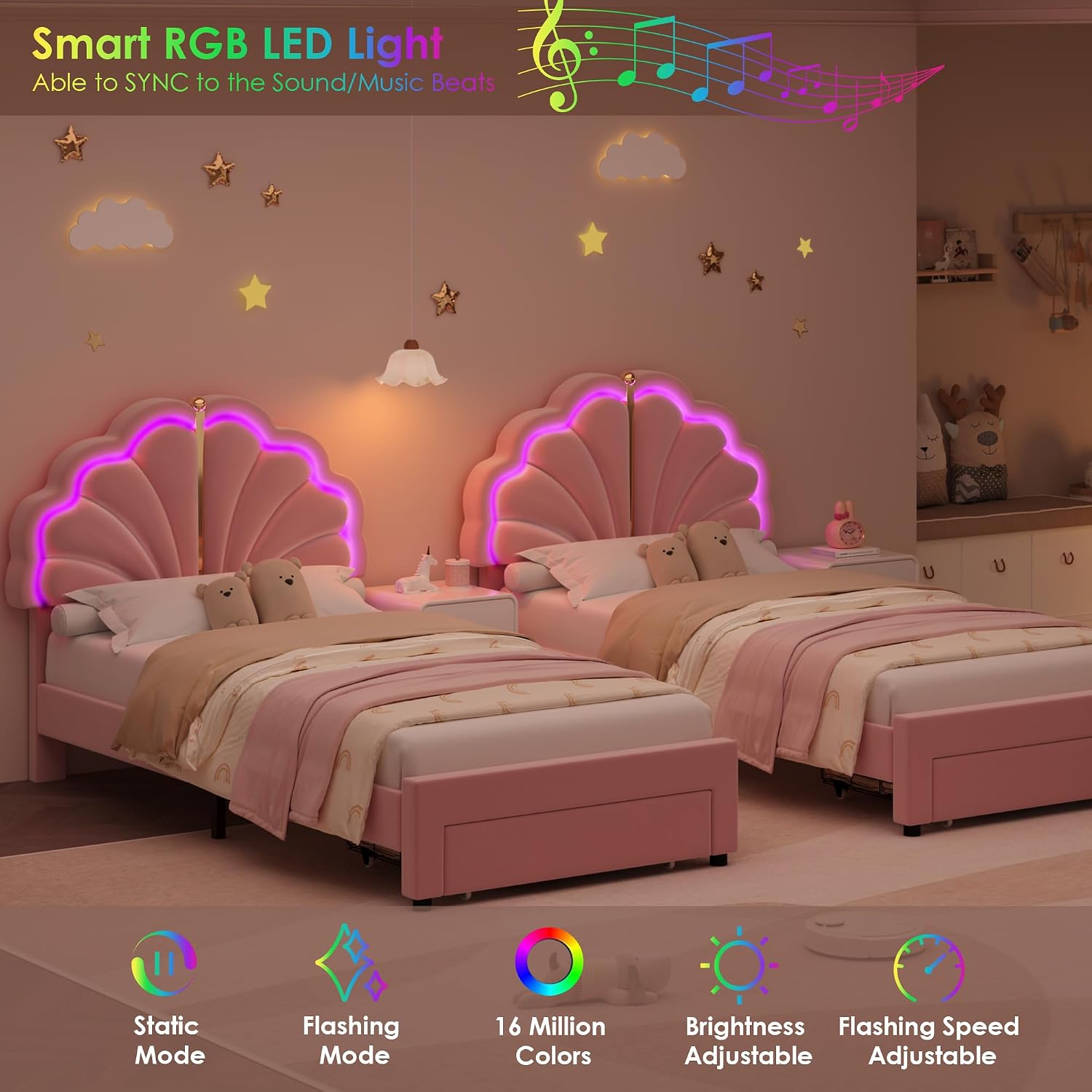 Keyluv Twin Princess Bed Frame with Storage Drawers, Soft Velvet Upholstered LED Platform Bed with Adjustable Cute Shell Headboard, No Box Spring Needed, Noise-Free, Pink