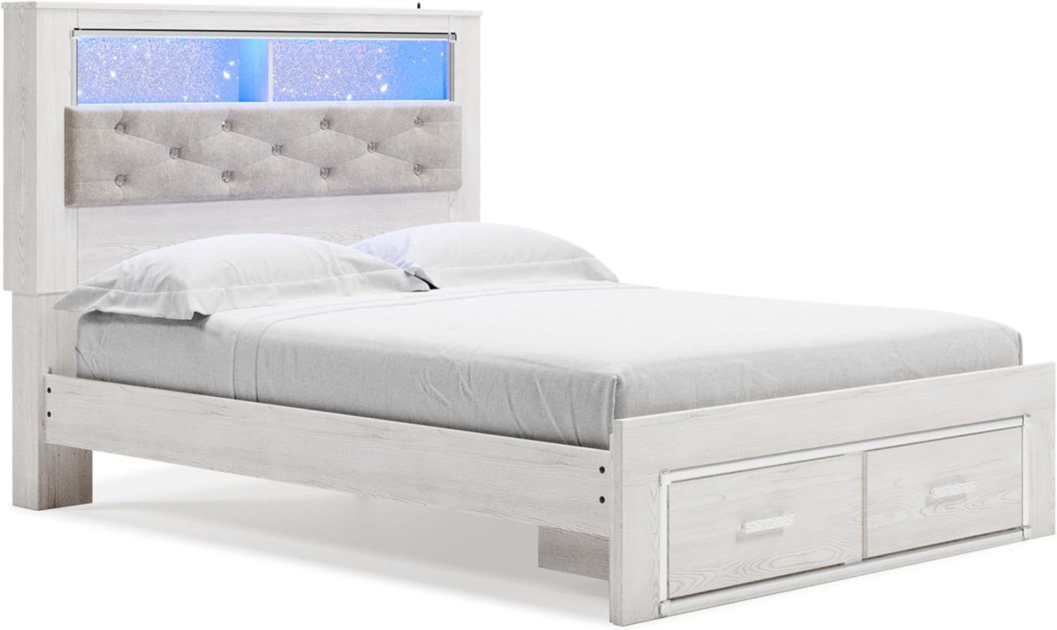 Signature Design by Ashley Altyra Contemporary Tufted Queen Upholstered Bookcase Platform Bed with LED Lights and 2 Drawers, Foundation or Box Spring Not Needed, White & Gray