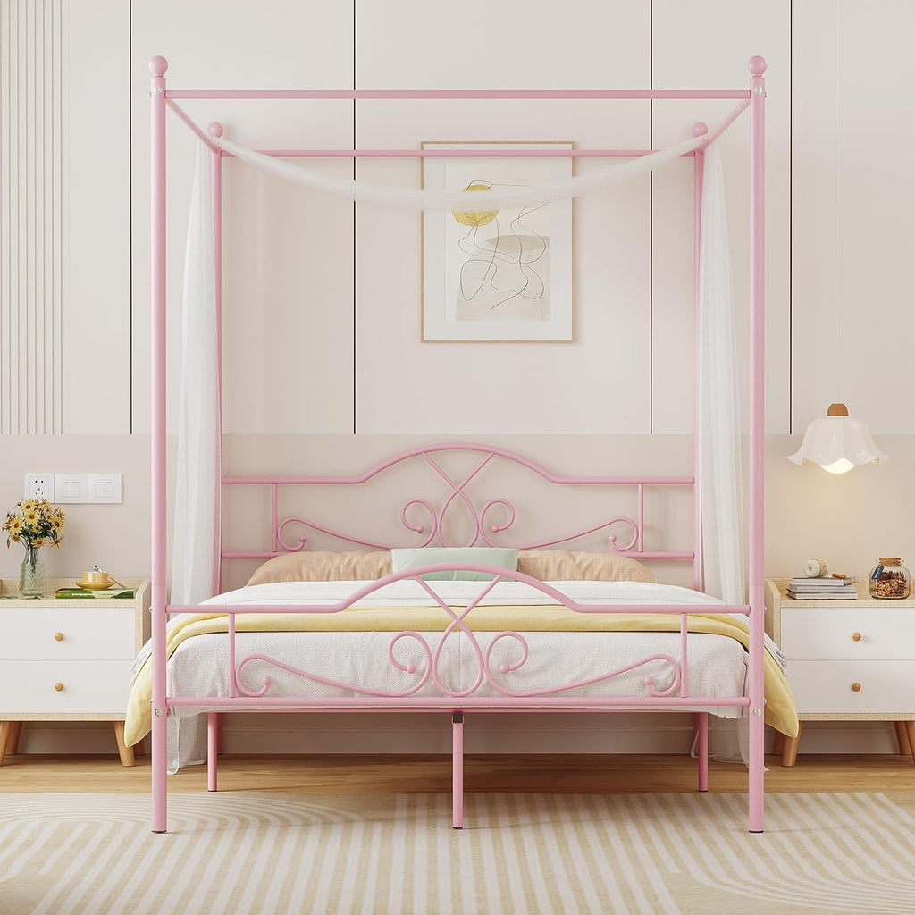 Weehom Full Canopy Bed Frame with Headboard and Footboard, Four-Poster Metal Canopied Platform Bed Mattress Foundation Underbed Storage Space No Box Spring Needed for Girls Adults Pink