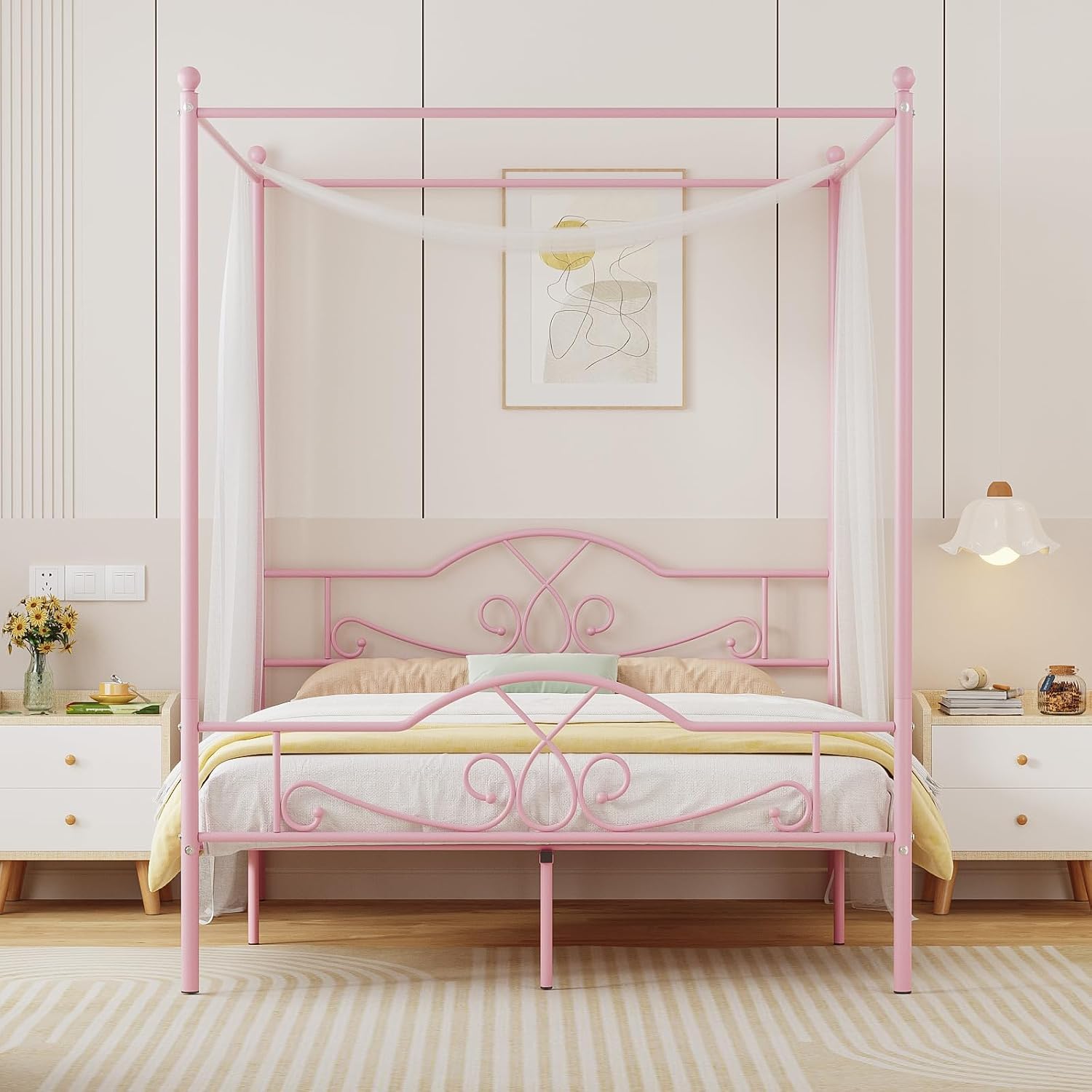 Weehom Full Canopy Bed Frame with Headboard and Footboard, Four-Poster Metal Canopied Platform Bed Mattress Foundation Underbed Storage Space No Box Spring Needed for Girls Adults Pink