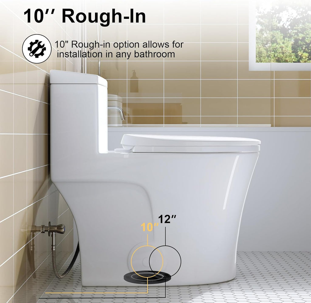HOROW T0338W One Piece Toilet 10' Rough-in, Elongated Toilet with Comfortable Seat Height, ADA Chair Height 17.3', Dual Flush 0.8/1.28 GPF, Standard White Toilet Bowl, Space Saver Design
