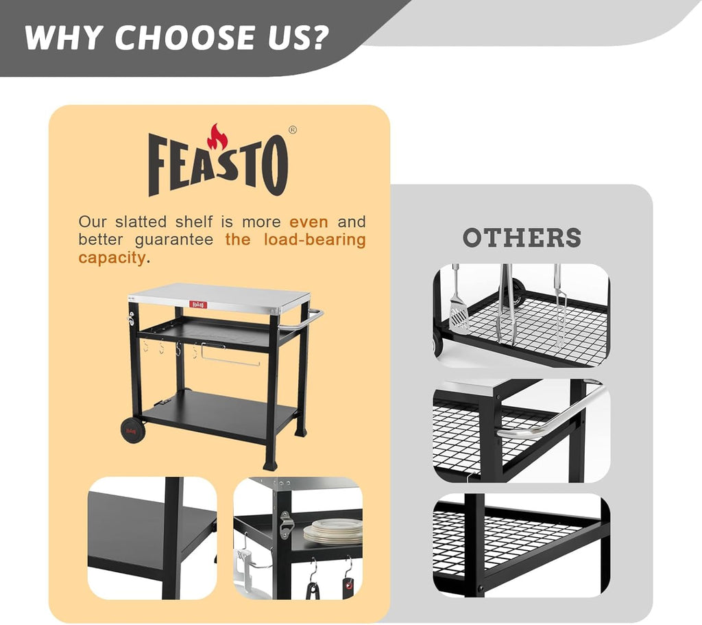 Feasto 3-Shelf Pizza Oven Table with 33.5' x 21.7' Stainless Tabletop, Outdoor Grill Cart with Tank Hook for Pizza Ovens & Griddles, Heavy-Duty Prep Station for Patio BBQ and Deck Parties, Black