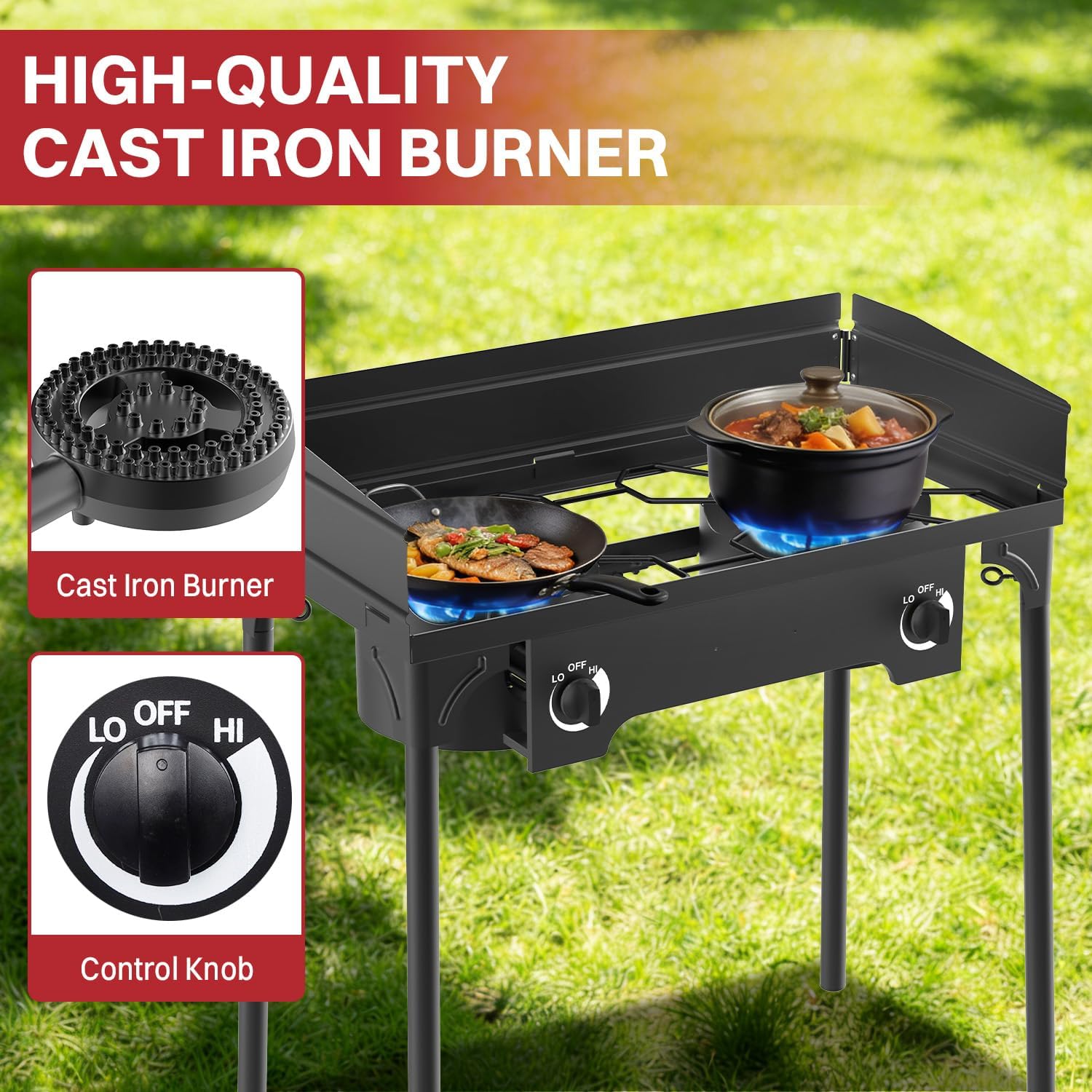 2 Burner Propane Camp Stove | High Pressure 150,000 BTU Gas Burners with Windscreen | Cover | Detachable Legs | 0-20 PSI Regulator | Ideal for Camping Backyard Outdoor Cooking