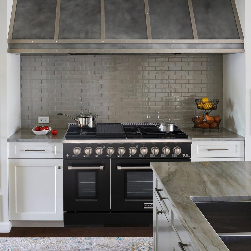 Akicon 48 Inch Freestanding Gas Range - 6.7 cu. ft. Double Rapid Convection Oven - Gas Stove with 8 Sealed Burners & a Griddle, Heavy Duty Cast Iron Grates (Black & Stainless Steel)