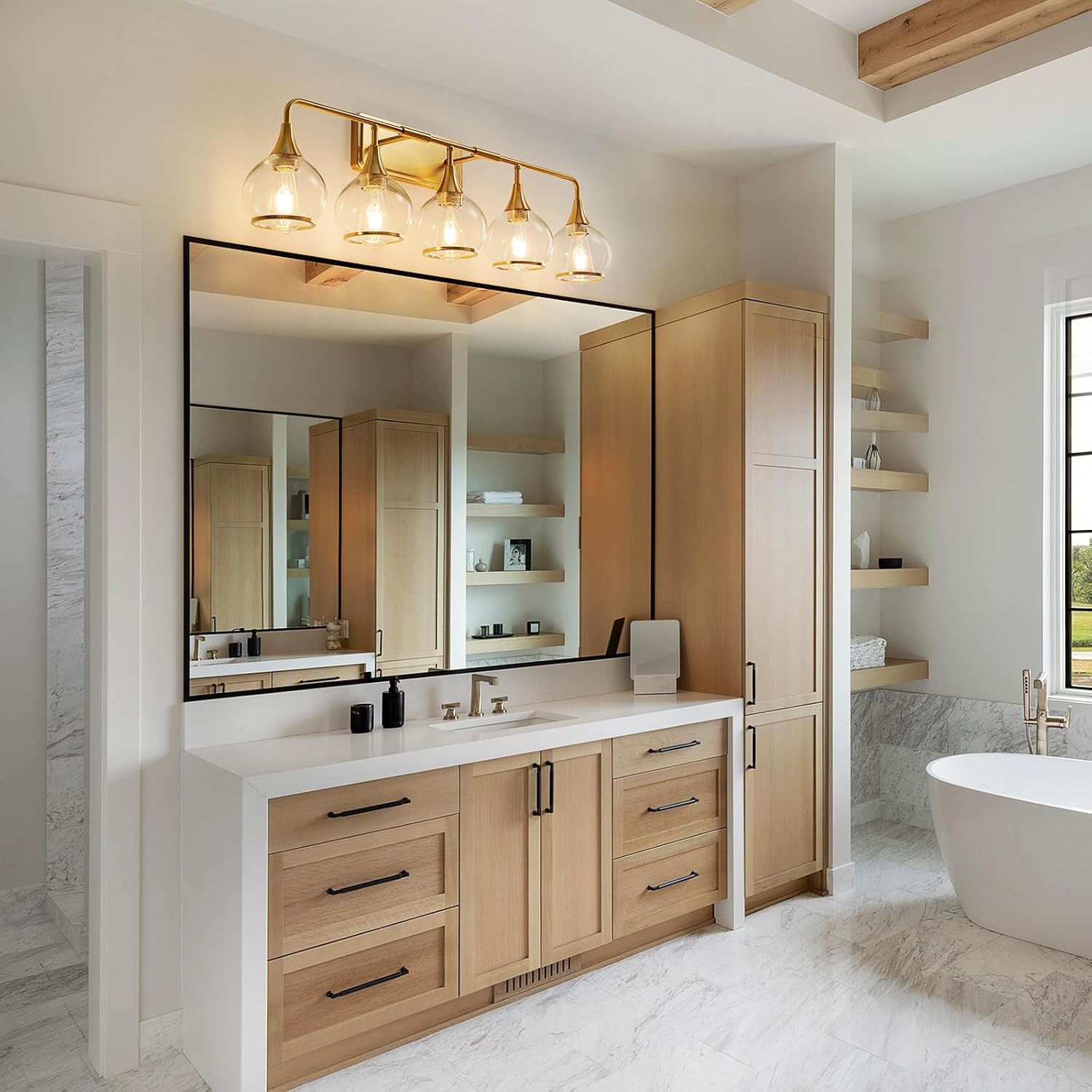 Gold Bathroom Vanity Light 5-Lights Bathroom Light Fixtures Over Mirror with Clear Glass Shade 39.2 inch Wall Sconce Lighting Bath(Exclude E26 Bulb)