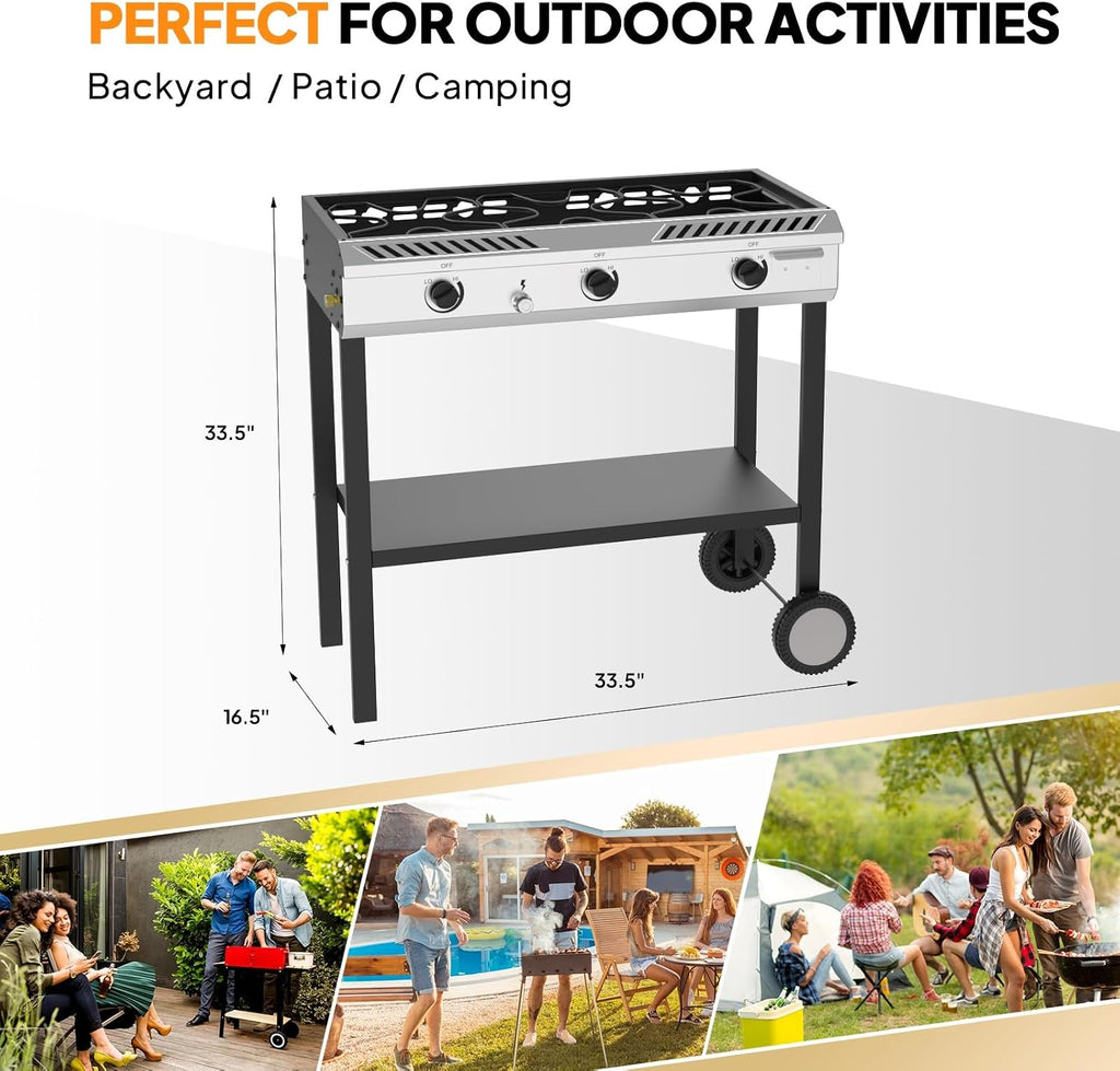 Bonnlo 3 Burner Propane Stove with Inginition, 225000BTU Gas Stove with Storage Shelf and Portable Rolling Wheels, Gas Burner for Outdoor Camping Patio Backyard Cooking Boiling Frying Stewing