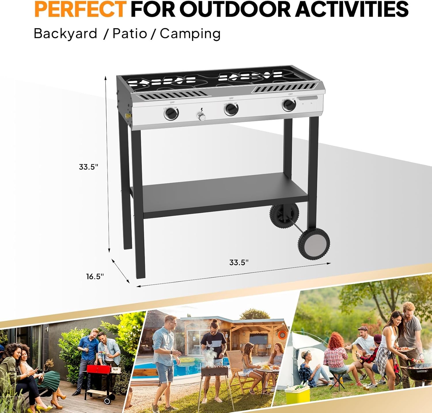 Bonnlo 3 Burner Propane Stove with Inginition, 225000BTU Gas Stove with Storage Shelf and Portable Rolling Wheels, Gas Burner for Outdoor Camping Patio Backyard Cooking Boiling Frying Stewing