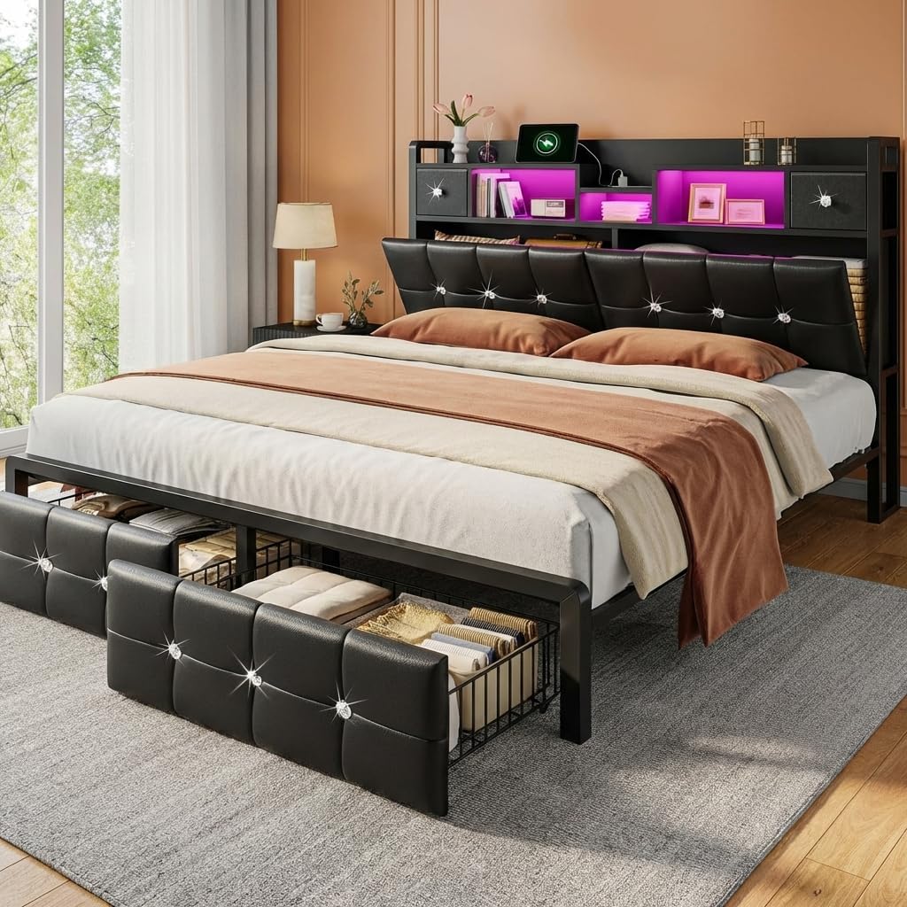 Homkdom Queen Bed Frame with Hidden Storage Headboard & 4 Drawers,Diamond-Tufted Upholstered Leather Platform Bed Frame Queen Size with LED Lights & Charging Station,No Box Spring Needed,Modern Black