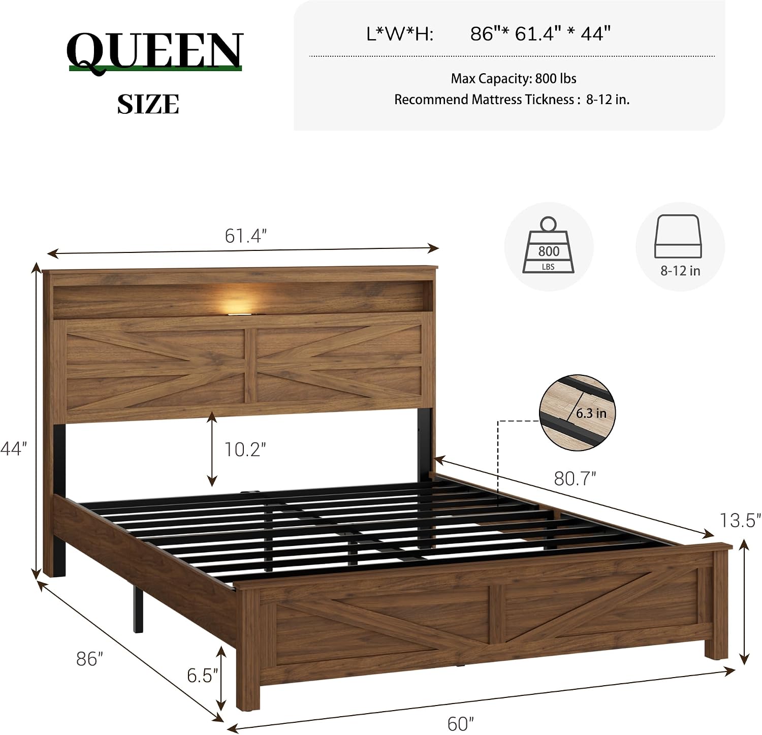 Queen Size Bed Frame with Headboard, Rustic Farmhouse Wood Bed Frame with LED Lights and Charging Station, Easy Assembly, No Box Spring Needed (Dark Brown, Queen)