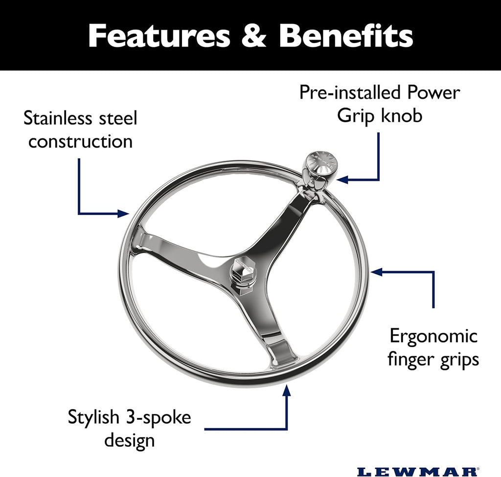 Lewmar Power Grip Boat Steering Wheel with 1/2' Welded Nut - 15.5' Diameter, Weather-Resistant Stainless Steel, Professional Knob with Ergonomic Finger Grips