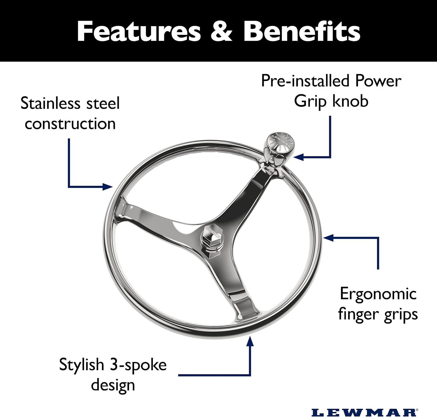 Lewmar Power Grip Boat Steering Wheel with 1/2' Welded Nut - 15.5' Diameter, Weather-Resistant Stainless Steel, Professional Knob with Ergonomic Finger Grips