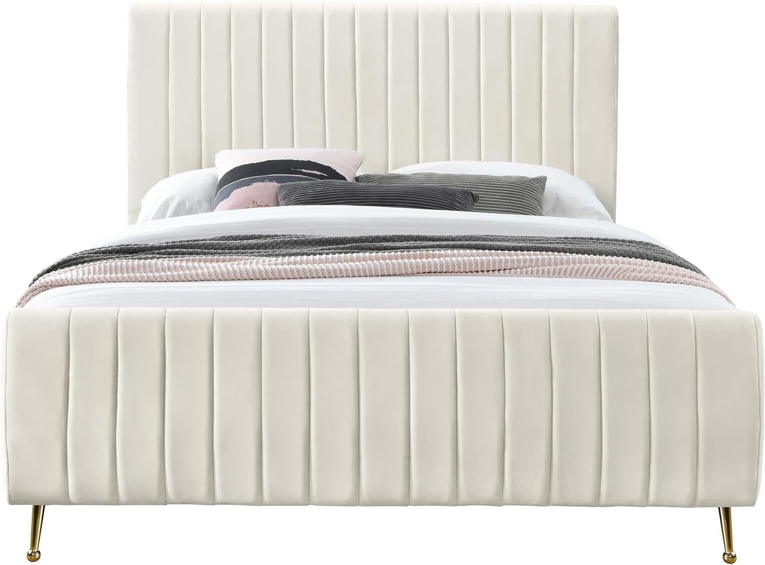 Meridian Furniture Zara Collection Modern | Contemporary Velvet Upholstered Bed with Deep Channel Tufting and Custom Gold Legs, Queen, Cream