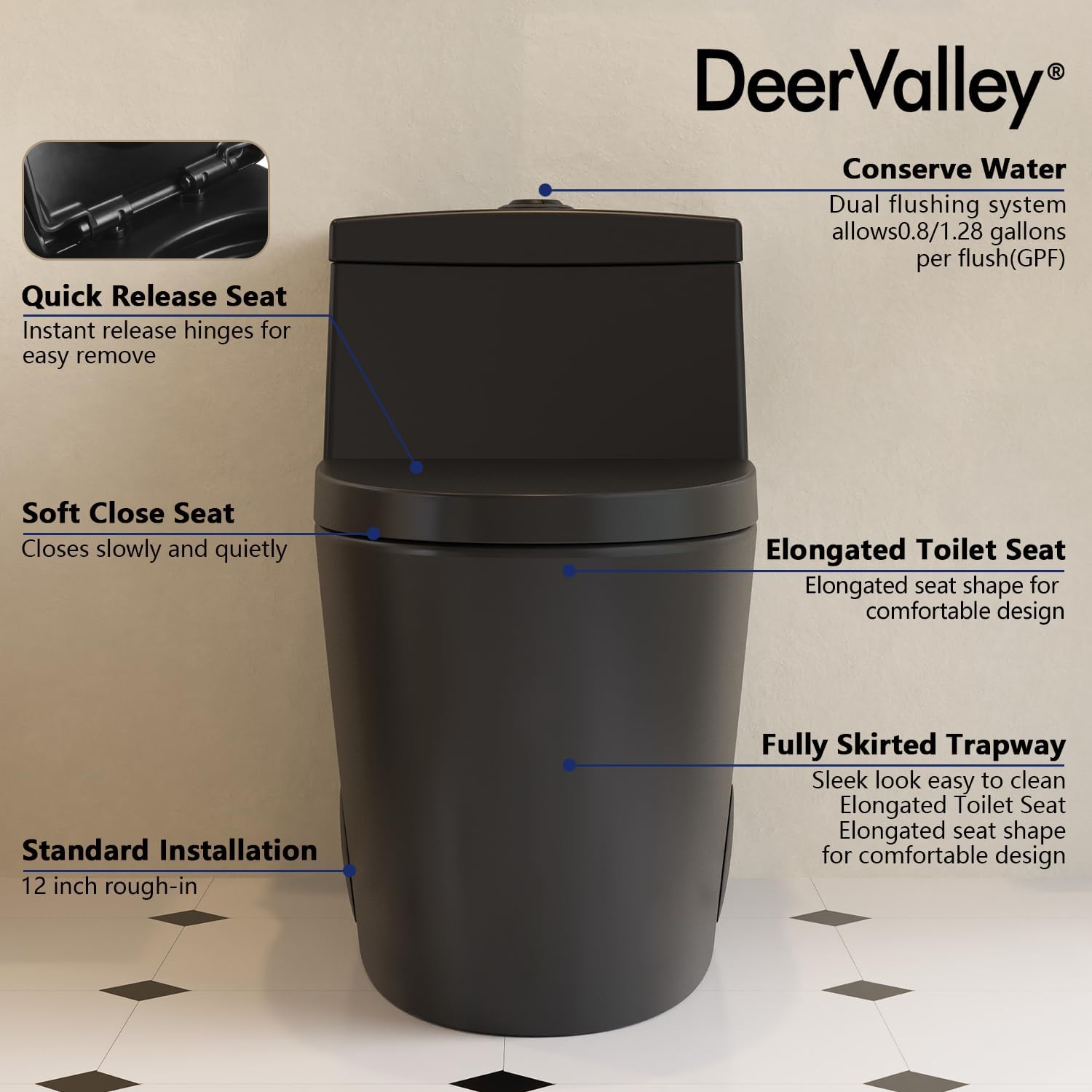 DeerValley One Piece Toilet Elongated 1.1/1.6 GPF Dual Flushing Toilets with 17' ADA Comfortable Chair Seat 12' Rough-In High-Efficiency Black Toilet DV-1F52636B