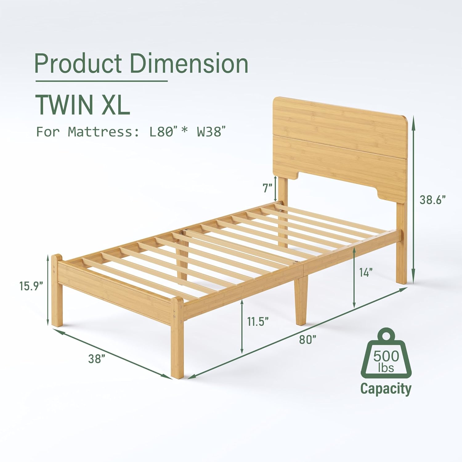BOSRII 14in High Solid Bamboo Wood Platform Twin XL Bed Frame with Headboard, Reinforced Heavy Duty Metal Slats, Noise Free, No Box Spring Needed, Easy Assembly