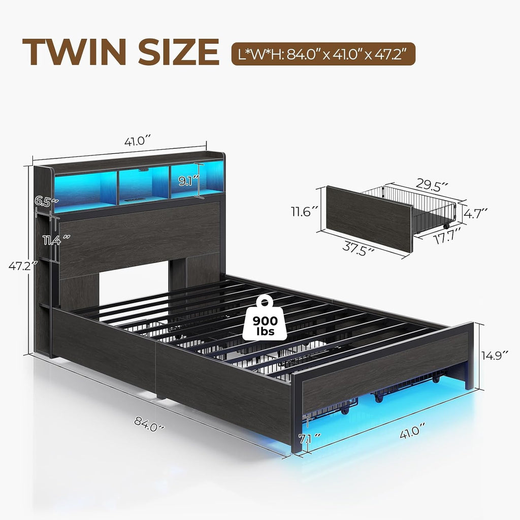 Rolanstar Twin Bed Frame with Storage Headboard & 4 Drawers, Metal Platform Bed with Charging Station, LED Single Bed with Side Shelf, No Box Spring Needed, Easy Assembly, Black