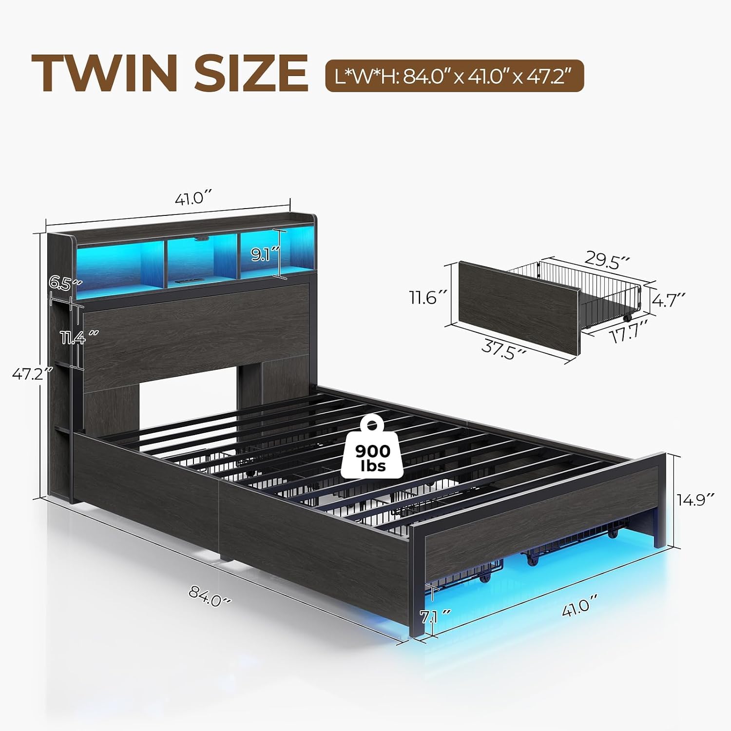 Rolanstar Twin Bed Frame with Storage Headboard & 4 Drawers, Metal Platform Bed with Charging Station, LED Single Bed with Side Shelf, No Box Spring Needed, Easy Assembly, Black