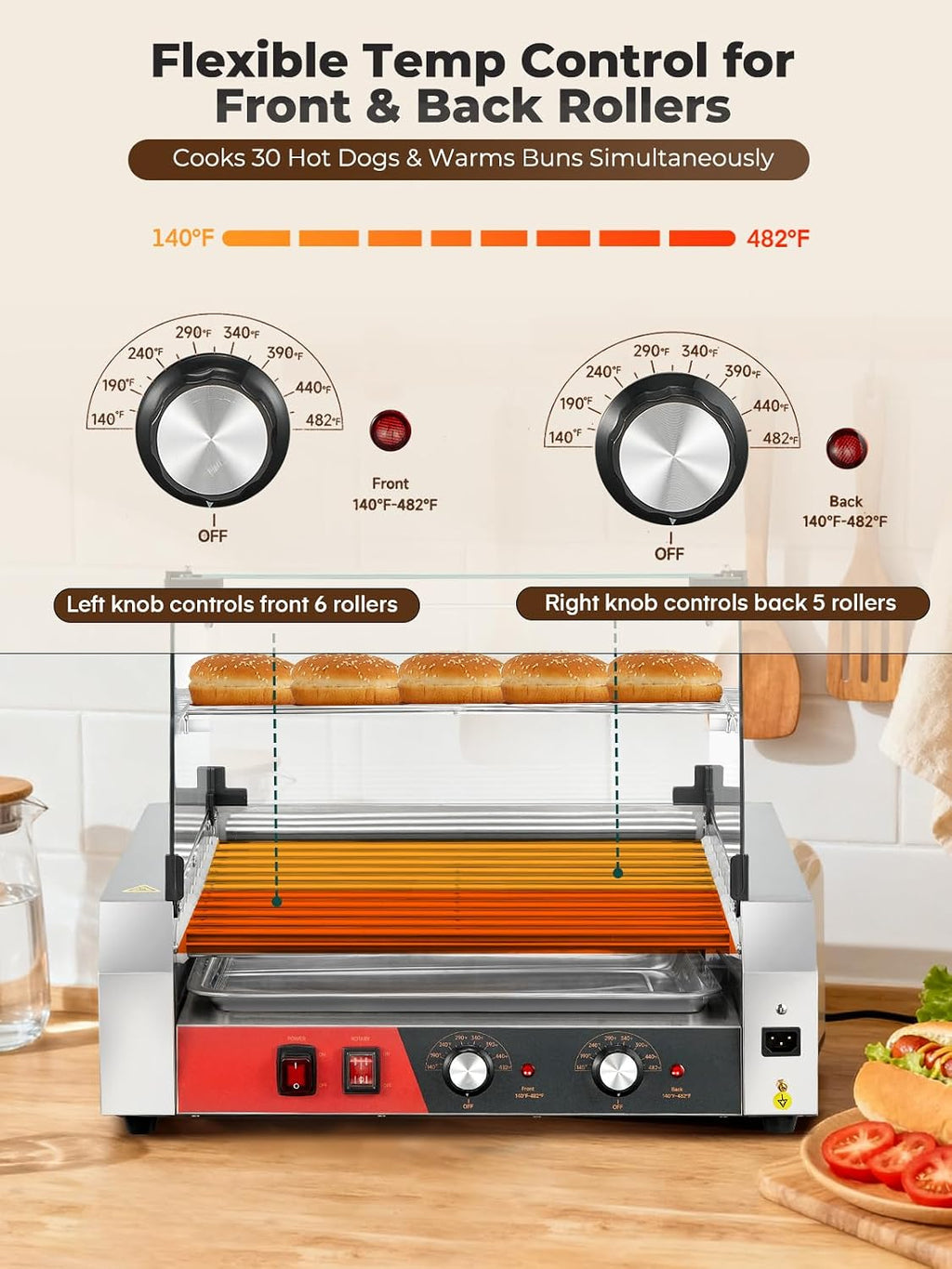 HOUSNAT Hot Dog Roller, 11 Rollers 30 Hot Dogs Capacity, 1650W Stainless Steel Hot Dog Machine with Dual Temperature Control, Bun Warmer Shelf, Glass Hood & Removable Drip Tray for Kitchen Restaurant