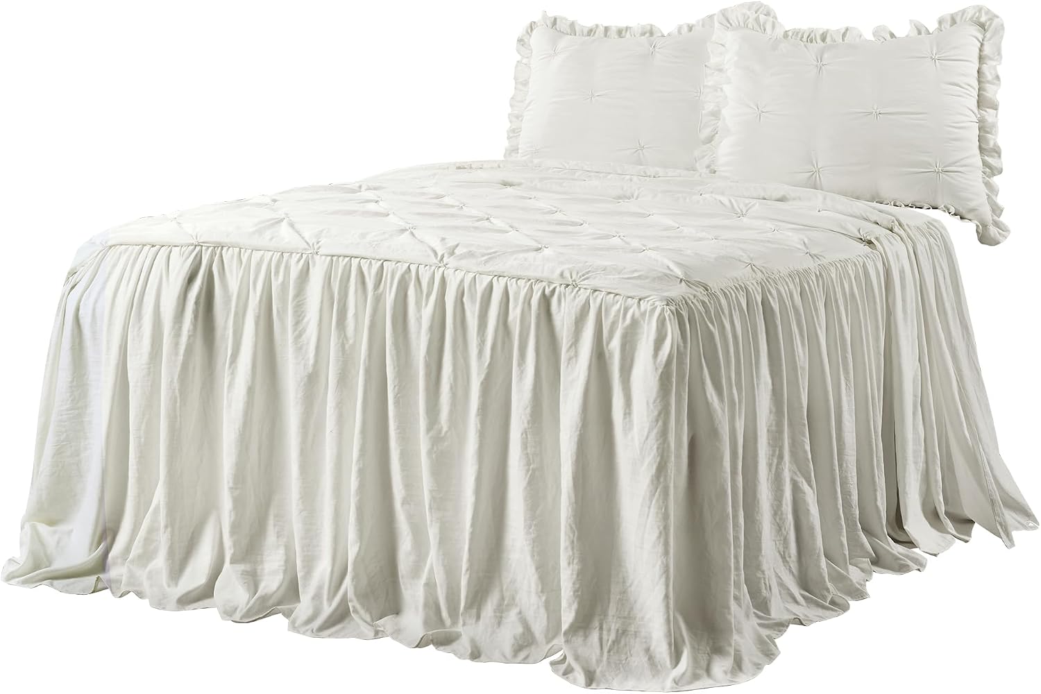 Lush Decor Ravello Pintuck Ruffle Skirt Bedspread Set - Luxe 3 Piece Ruffled Bedding Set - Traditional Glam & Farmhouse Inspired Bedroom Decor - King, White