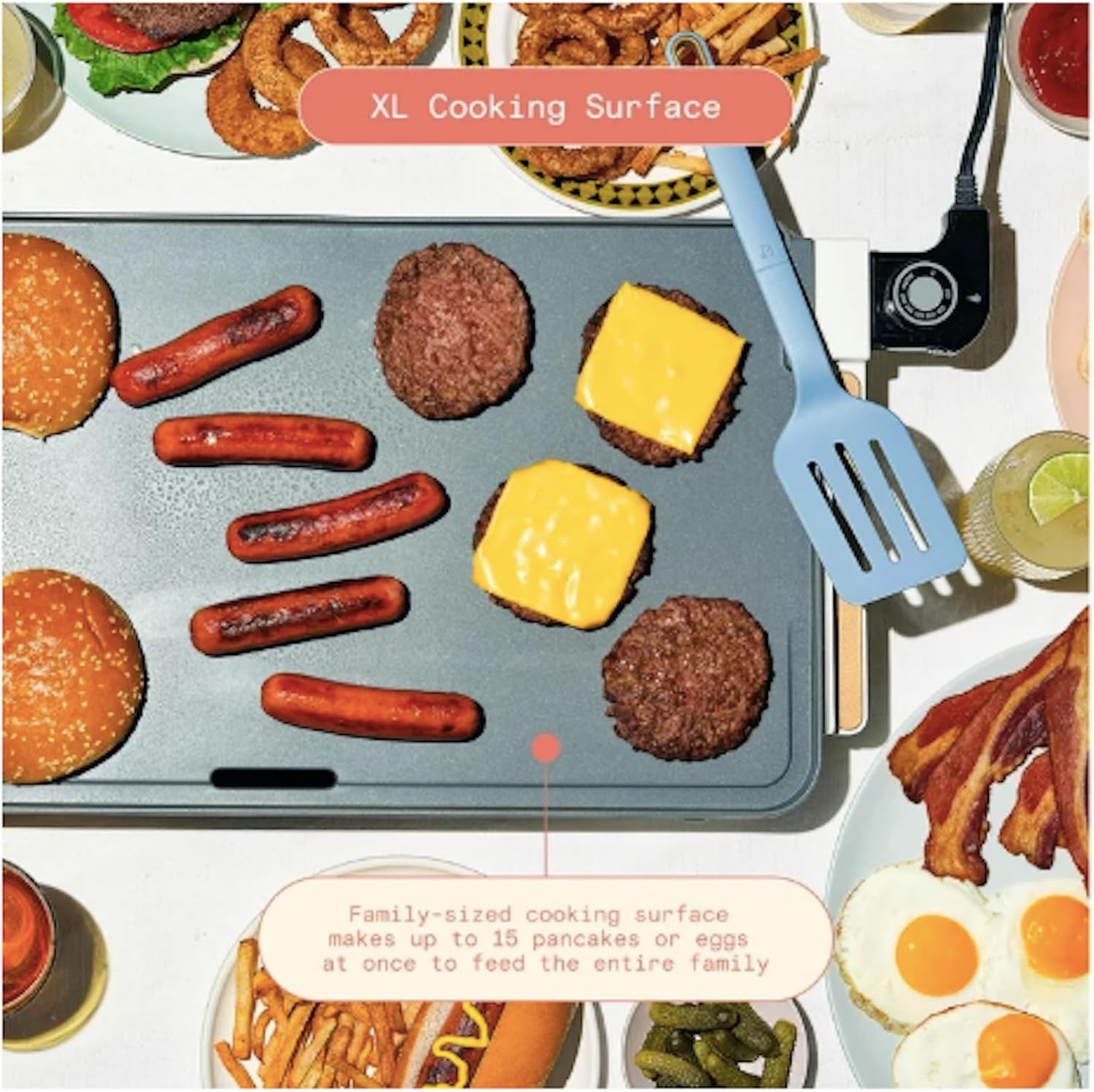 Stunning XL Electric Griddle 12' x 22,' Non-stick by Drew Barrymore (White)