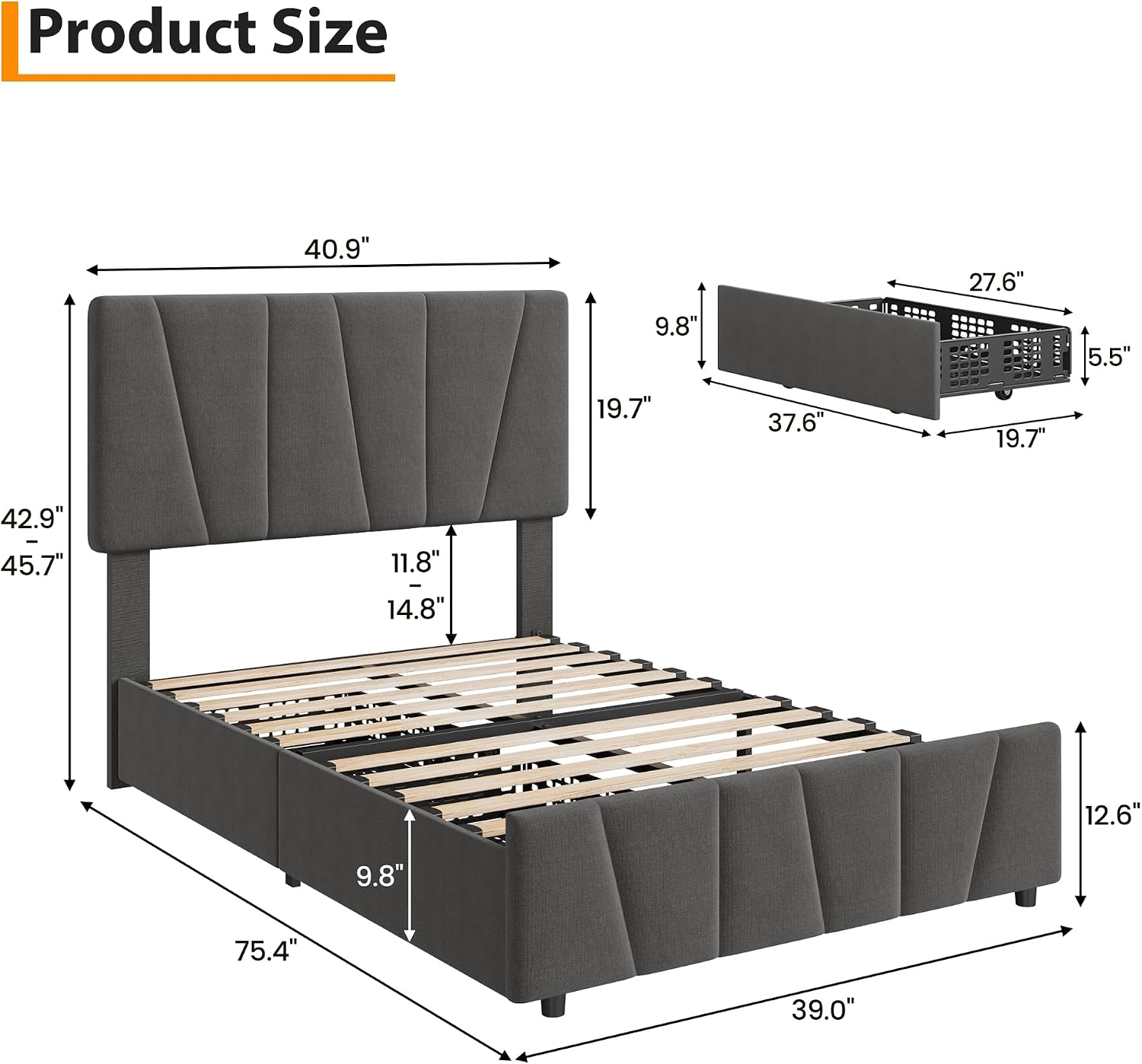 Twin Size Bed Frame with Upholstered Headboard & 2 Storage Drawers with Wheels, Platform Bed Frame with Wooden Slat Support, Adjustable Headboard, No Box Spring Needed, Noise-Free, for Bedroom