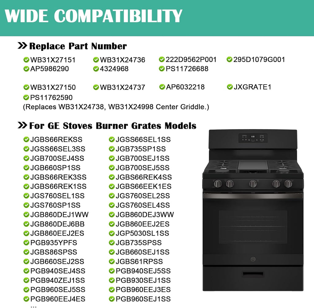WB31X27150 & WB31X27151 Burner Grate Replacement for GE Stove Parts JGBS66REKSS, JGB700SEJ4SS, JGSS66SEL1SS, JGSS66SEL3SS, Center Side Burner Grate Surface Cooktop for General Electric Gas Range Parts
