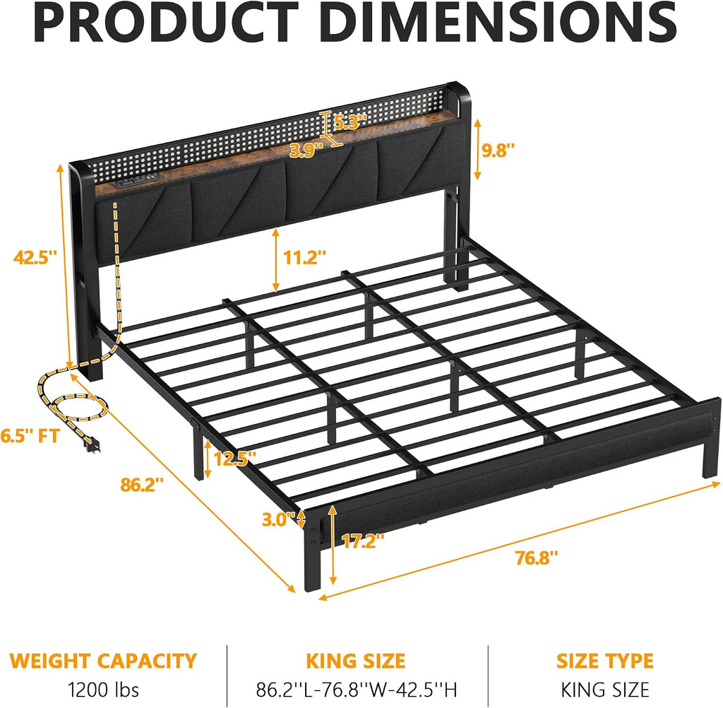 Furnulem King Size Bed Frame with Headboard, LED Light and Charging Station, Metal Platform Bed with Heavy Duty Slats, No Box Spring Needed, Noise Free & Easy Assembly