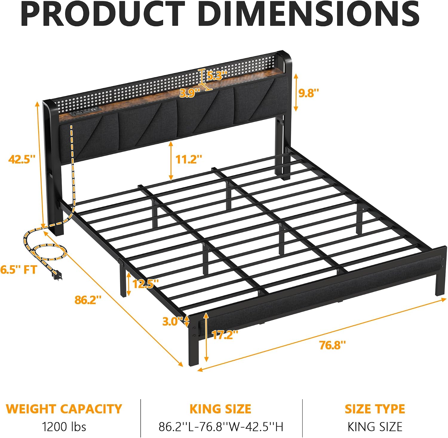 Furnulem King Size Bed Frame with Headboard, LED Light and Charging Station, Metal Platform Bed with Heavy Duty Slats, No Box Spring Needed, Noise Free & Easy Assembly