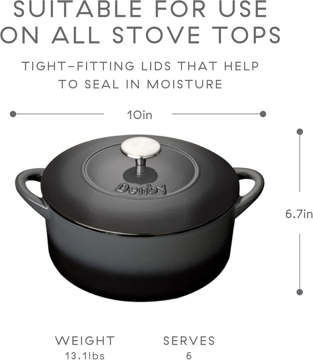 Denby - Halo Black Cast Iron Casserole Dish - Dutch Oven, Round Oven Safe Pot, Enamelled - 5.4L Capacity, 10in - Serves 6 People