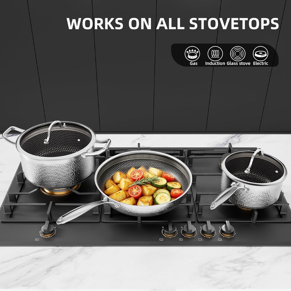Stainless Steel Nonstick Pots and Pans Set (7 Pcs), PFOA Free, Induction Compatible, Fast & Even Heat, Dishwasher & Oven Safe (500F), 8/10/12' Fry Pans, Saucepan, Stock Pot for Home Cooking