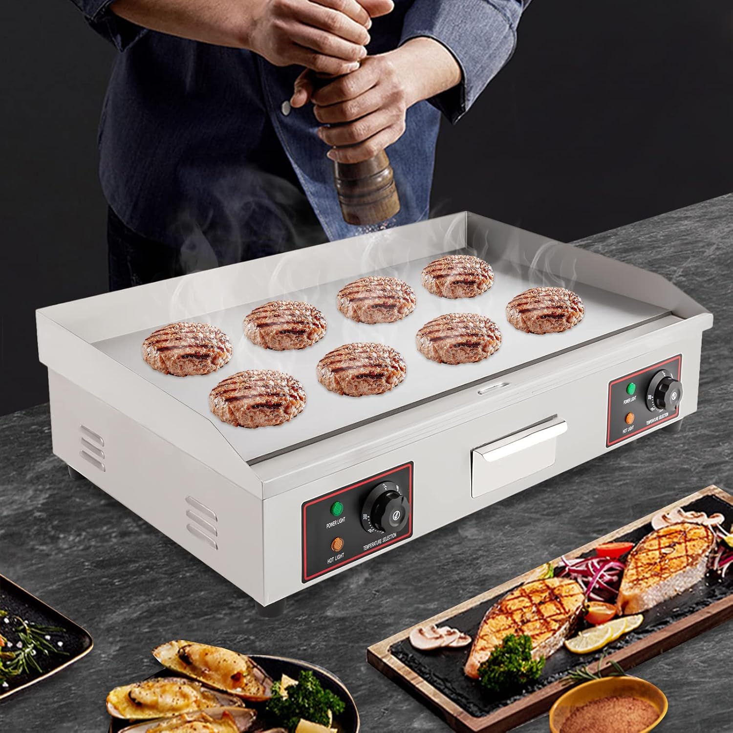 Commercial Electric Griddle 3000W, 430 Stainless Steel Electric Countertop Flat Top Griddle, Adjustable Temperature Control Flat Top Griddle For Resturant, Kitchen, Indoor
