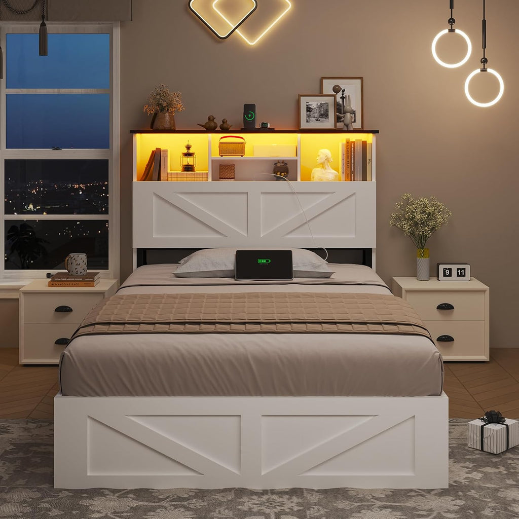 AOGLLATI Farmhouse Twin Bed Frame with 4 Storage Drawers and Charging Station,Wooden Led Twin Bed with Storage Hidden Space Headboard and Metal Slats,No Spring Box Needed,White