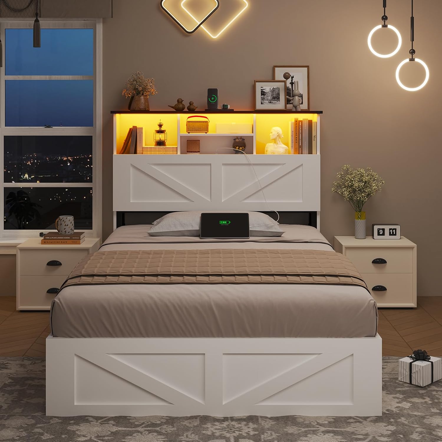 AOGLLATI Farmhouse Twin Bed Frame with 4 Storage Drawers and Charging Station,Wooden Led Twin Bed with Storage Hidden Space Headboard and Metal Slats,No Spring Box Needed,White