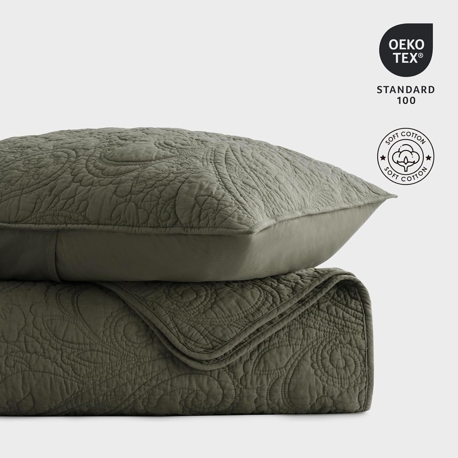 EVERGRACE 100% Cotton Paisley Quilt Set, King Size 3 Piece Set – Prewashed Lightweight Bedspread with 2 Shams, Soft & Breathable Matelasse-Style Quilted Coverlet, Olive Green