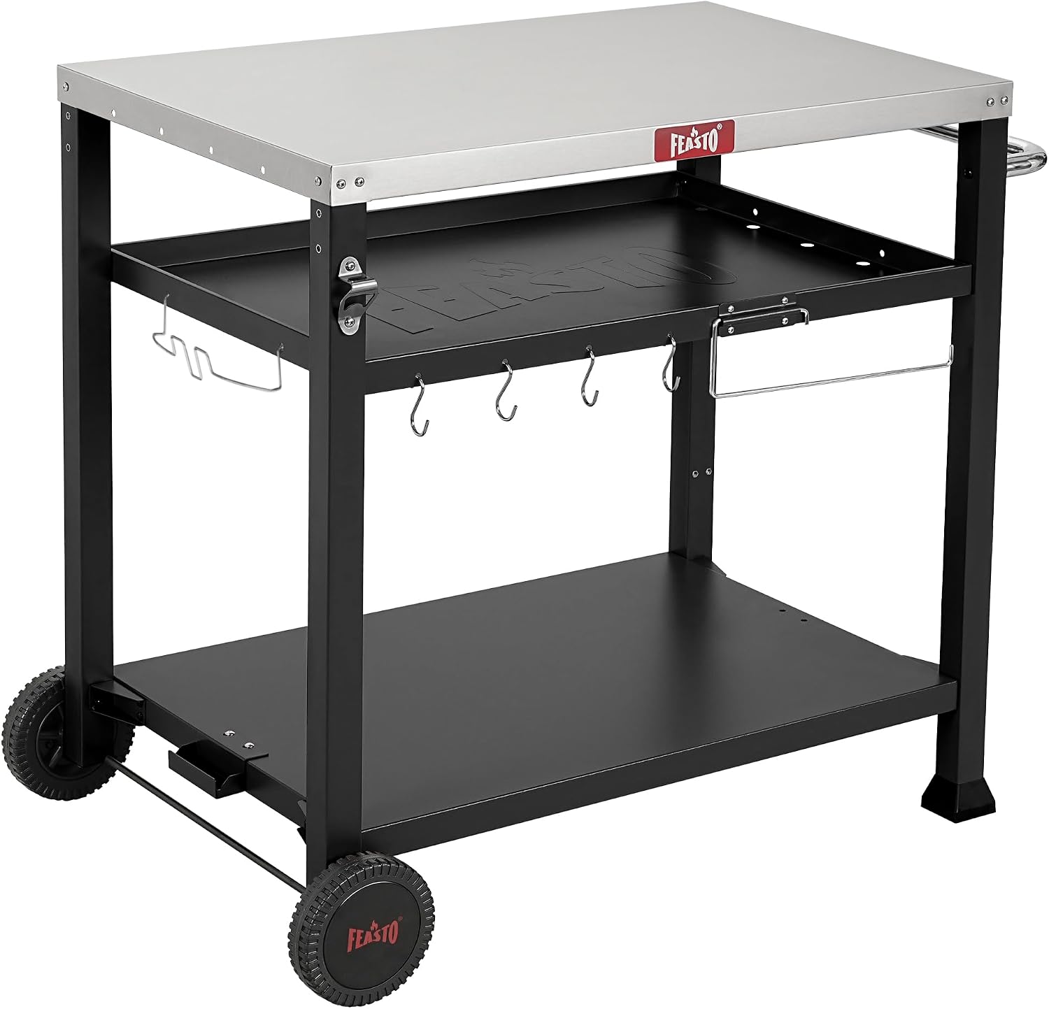 Feasto 3-Shelf Pizza Oven Table with 33.5' x 21.7' Stainless Tabletop, Outdoor Grill Cart with Tank Hook for Pizza Ovens & Griddles, Heavy-Duty Prep Station for Patio BBQ and Deck Parties, Black