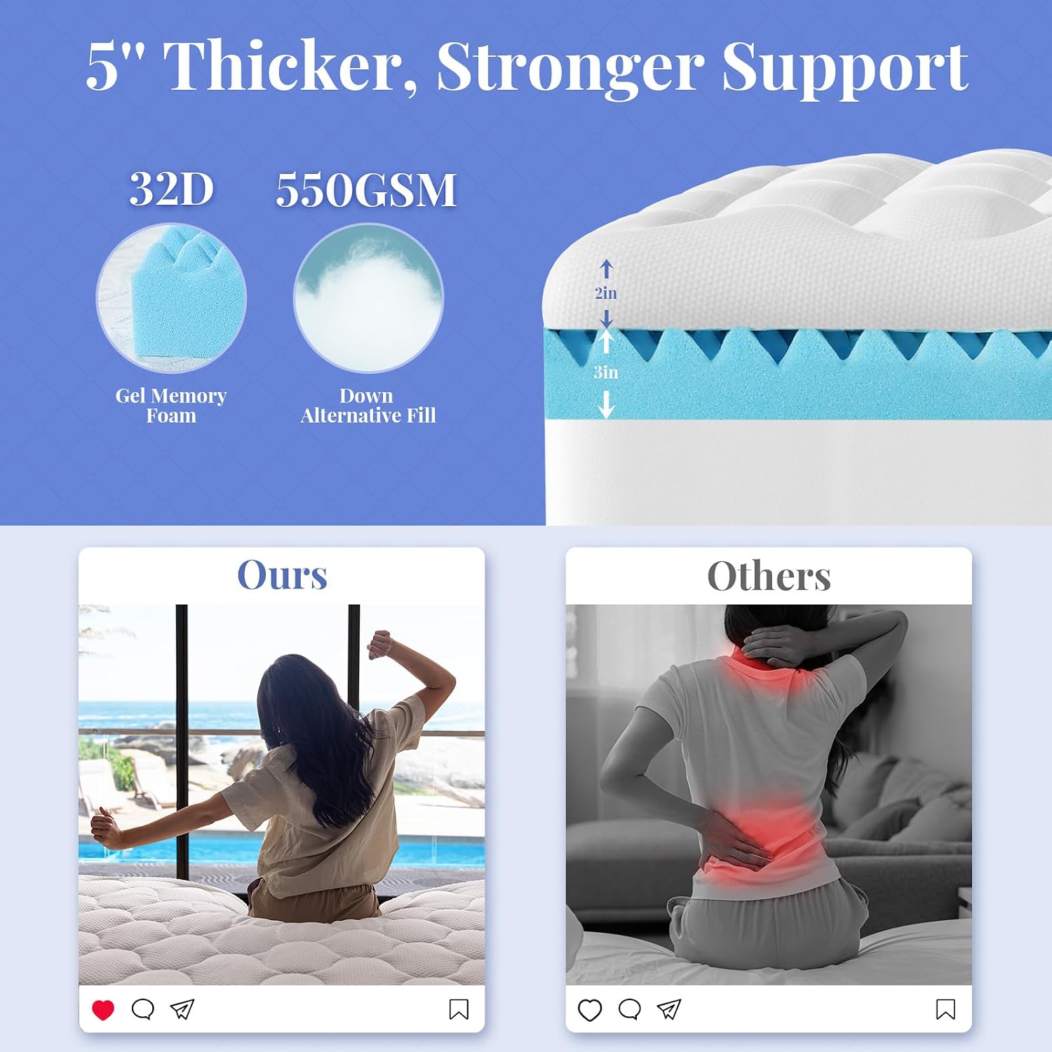 OhGeni Cooling 5 lnch Queen Size Dual Layer Mattress Topper, 3 Inch Egg Crate Gel Memory Foam, 2 Inch Pillow Top Pad, Bedroom Essentials Mattresses Cover, Extra Comfortable Sleep and Back Pain Relief