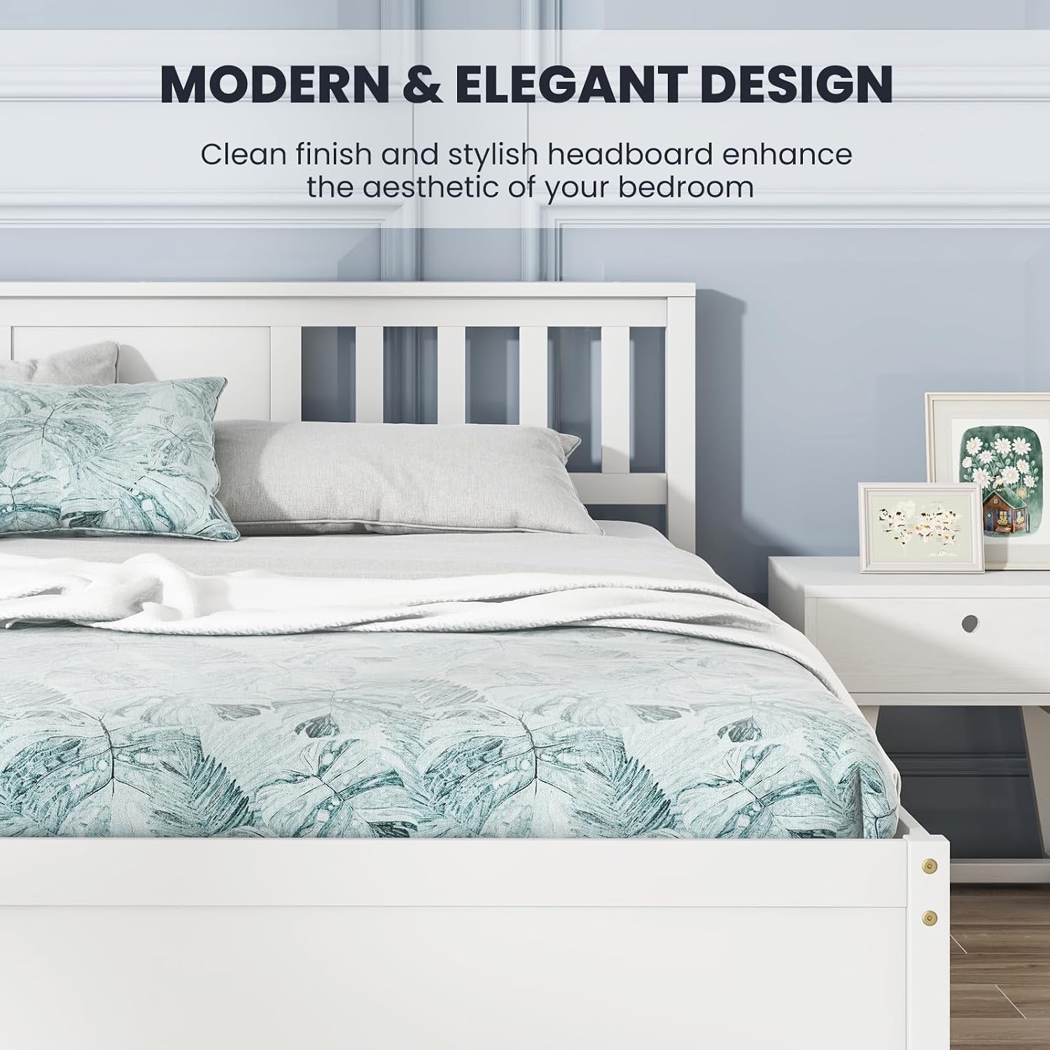 Giantex Queen Size Solid Wood Platform Bed Frame, Mid Century Queen Bed Frame with Headboard, Wooden Slat Support, Queen Panel Bed, No Box Spring Needed, Easy Assembly, White
