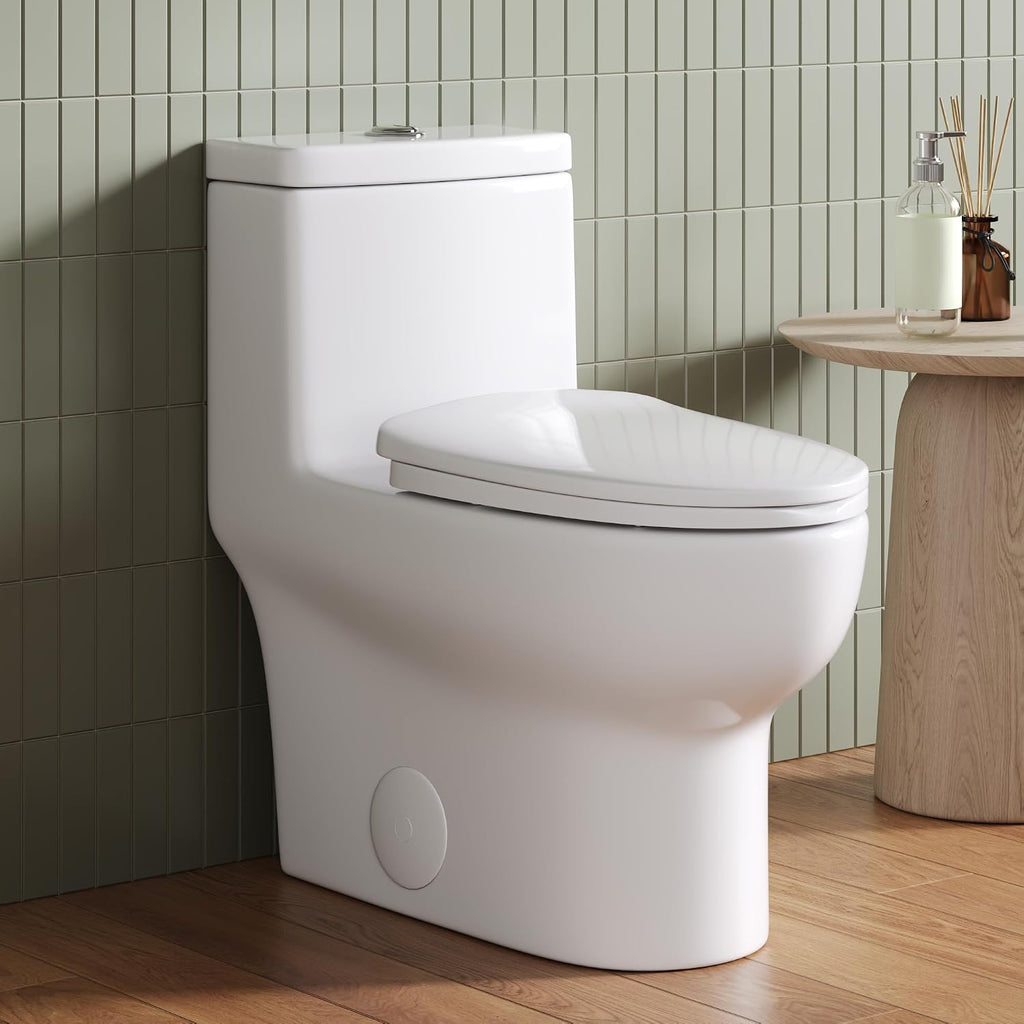 DeerValley One Piece Toilet Elongated Toilet with Soft-Close Seat Powerful 1.1/1.6 GPF Dual Flush Standard Height Toilets Skirted Design 12' Rough-In DV-1F026