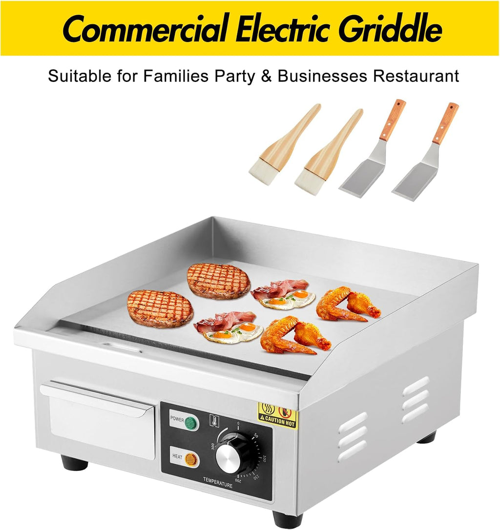 14' Stainless Steel Electric Griddle, 1500W Countertop Griddle with Non-Stick Adjustable Temperature Control 122°F-572°F, Electric Grill Perfect for Indoor Cooking, Camping