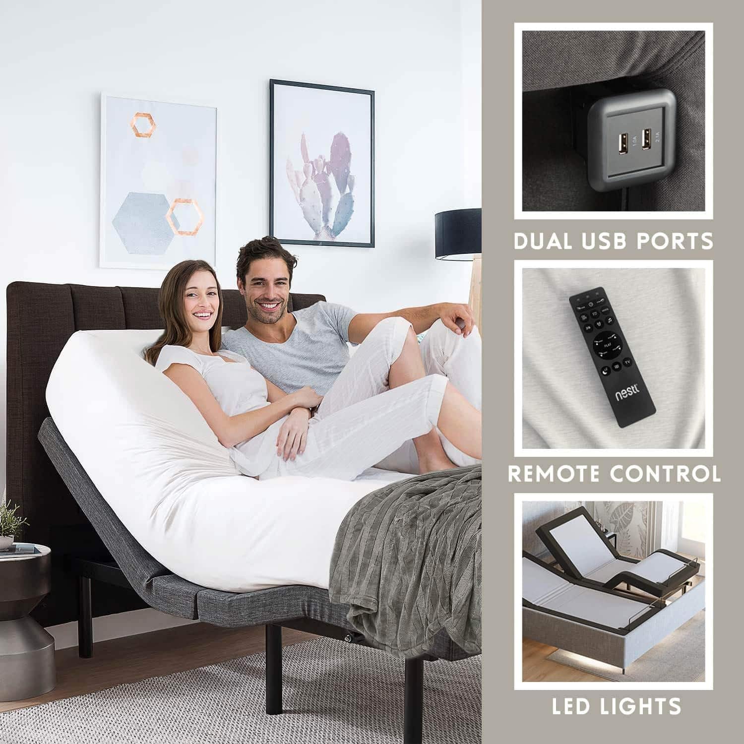 Nestl Adjustable Bed Frame - 2nd Generation - Adjustable Massage Cal King Bed Frame with Wireless Remote, Head & Foot Massage, Zero Gravity Fast & Easy Assembly, USB Ports, Under Bed LED Lighting