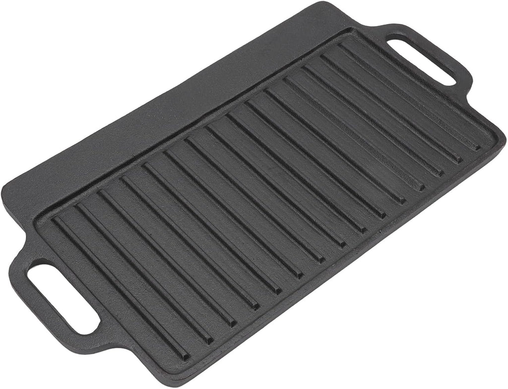 Cast Iron Grill Griddle, Double Sided Rectangular Teppanyaki Plate with Easy Grip Handles, for Barbecue Steak Chicken Pancakes Bacon Eggs (51x23CM)