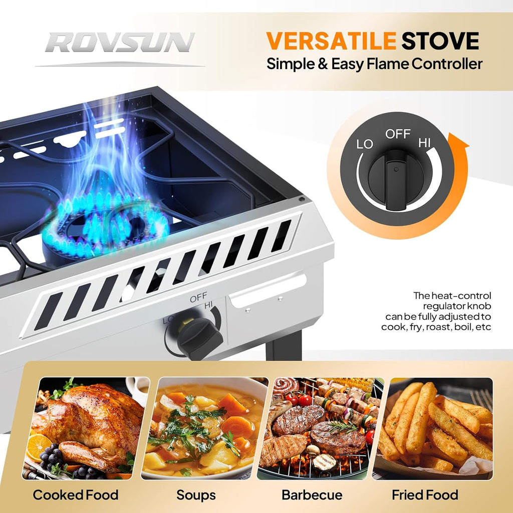 ROVSUN 3 Burner Propane Stove with Auto Ignition, 225,000 BTU Gas Stove with Storage Shelf, Rolling Wheels & Regulator for Home Outdoor Backyard Camping Cooking Frying Brewing Canning