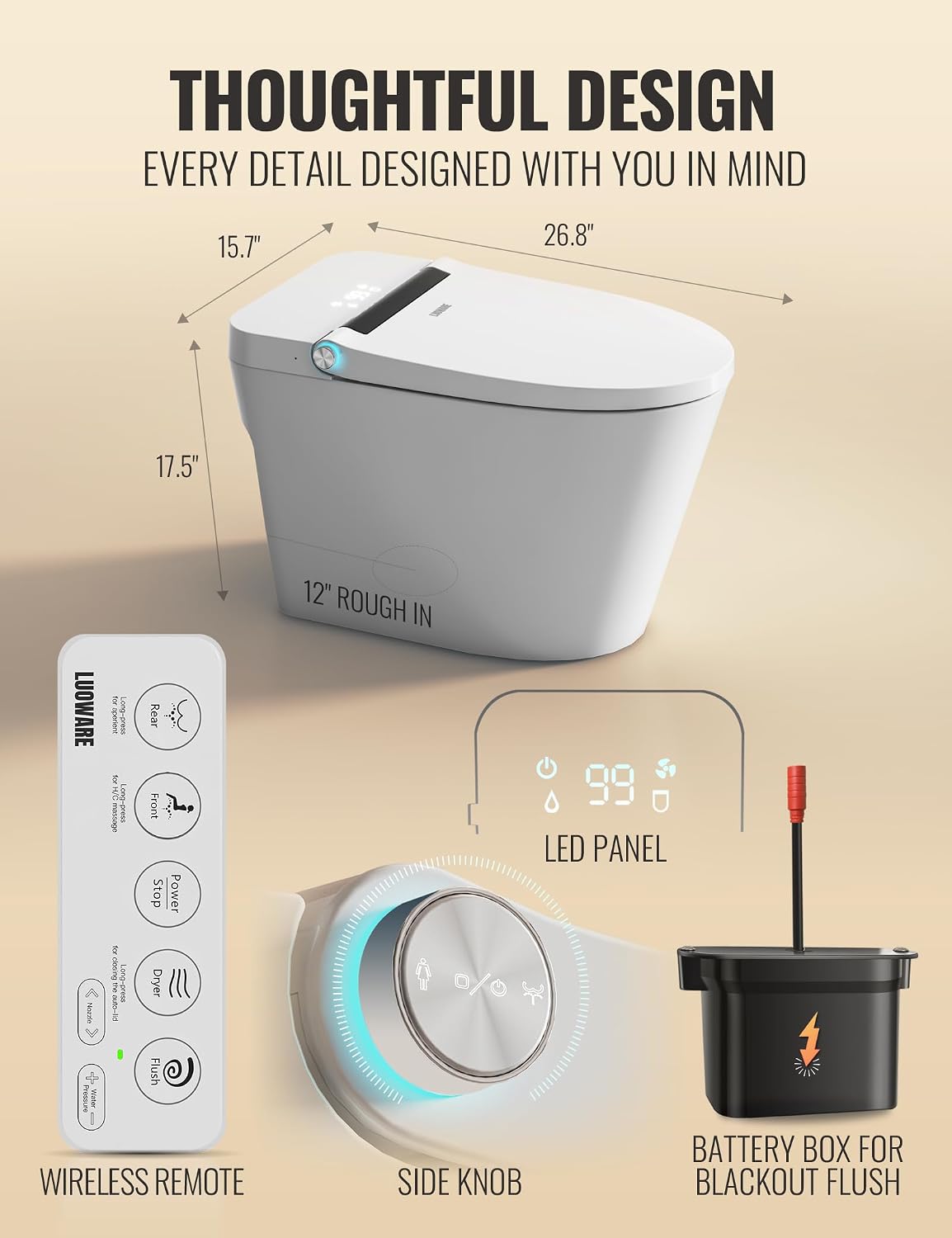 Smart Toilet with Bidet Built in, Luxury One Piece Elongated Bidet Toilet, Auto Open/Close/Flush, Foot Sensor Operation, Built-in Tank & Booster Pump, Heated Seat, Massage Wash, Night Light
