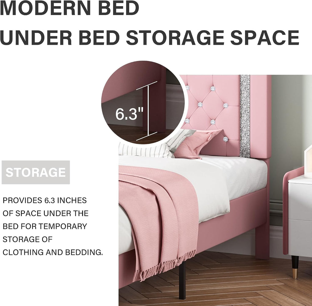 BarnFurin King Size Bed Frame, Faux Leather Upholstered Bed with Diamond Tufted Headboard, Modern King Size Bed with Wooden Slats Support, No Box Spring Required, Easy Assembly, Pink