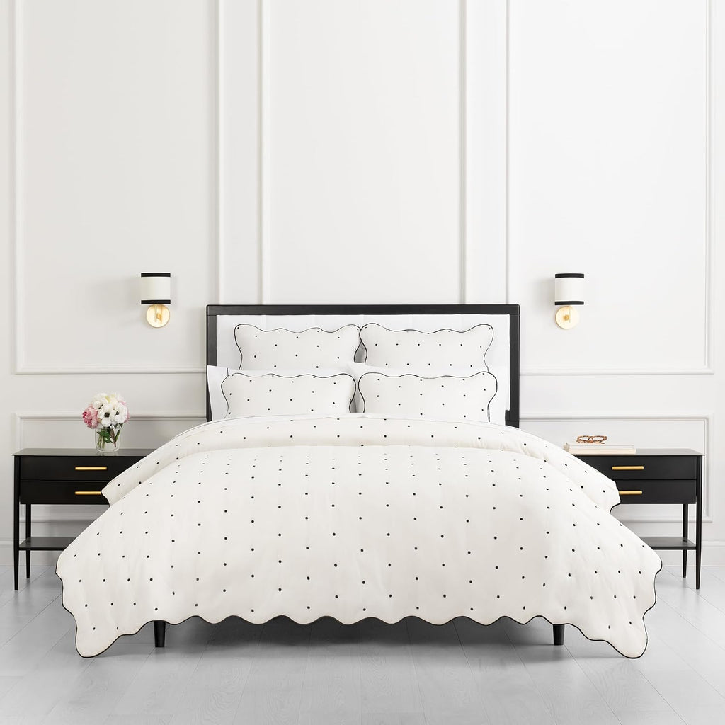 kate spade new york Scalloped Edge 3-Piece Full/Queen Quilt Bedding Set, 100% Cotton Reversible Cover, All Season Warmth Bedding, Machine Washable, Marshmallow