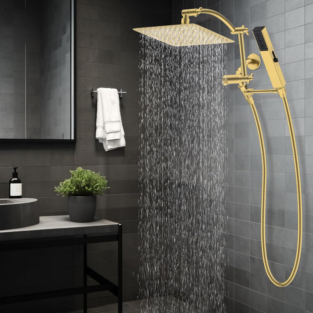 Hibbent All Metal CUPC Certified 10'' Rain Shower Head, Dual Shower Head Combo, High Pressure Handheld 4 Sprays Shower Wand, 16'' Adjustable Extension Arm, 71'' Hose, Shower Holder, Brushed Gold