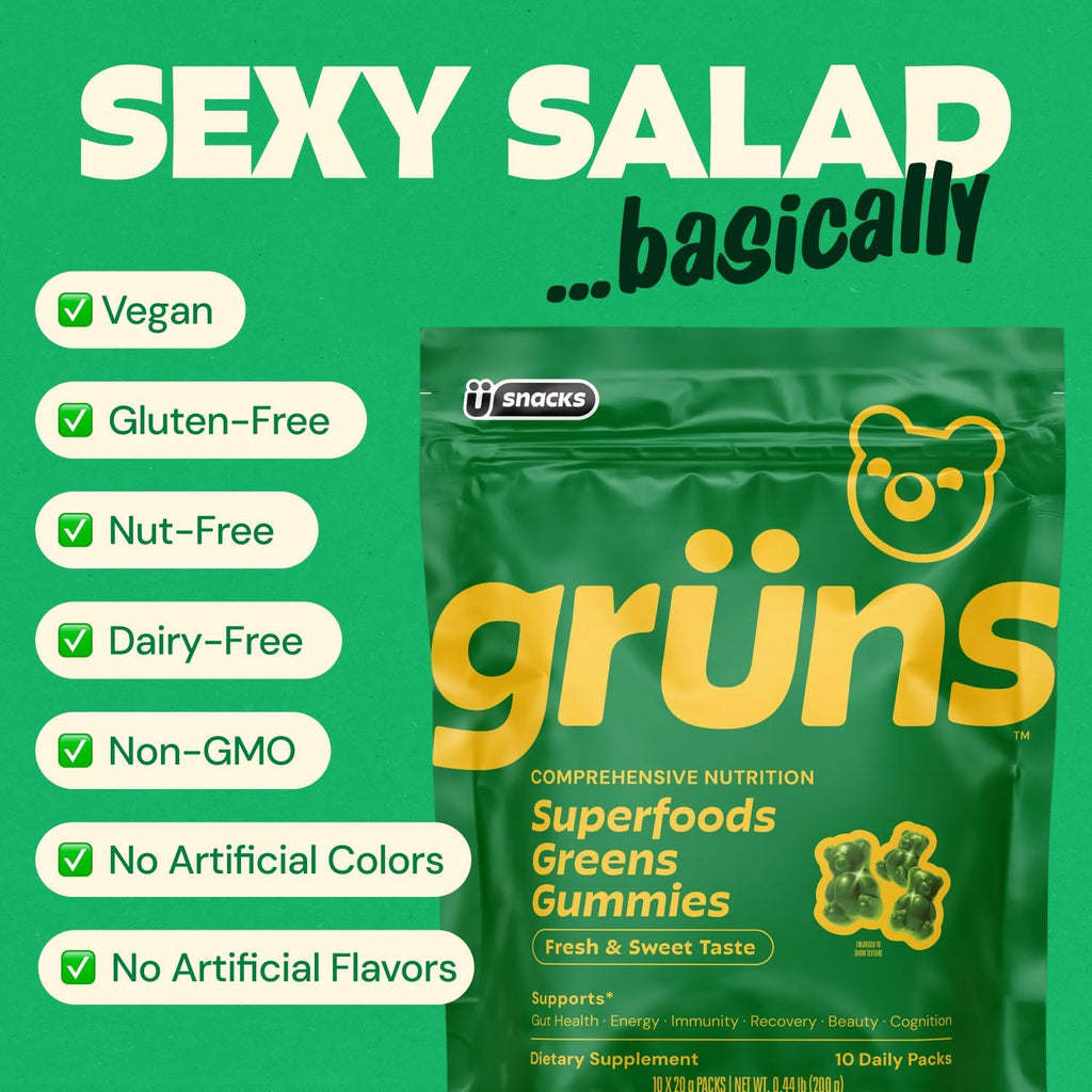 Gruns Adult Super Greens Multivitamin Gummies, Superfood Gummy Vitamins for Women and Men with Spirulina, Chlorella, Adaptogens & Prebiotic Fiber for Digestive Health (28 Count) (Pack of 2)