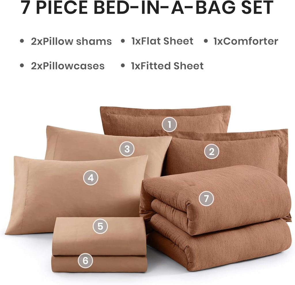 Monbix Super King Plus Comforter Set, Autumn Leaf Cationic Dyeing Bedding Set Reversible, Bed in a Bag 7 Pieces with Comforter, Sheets, Pillowcases & Shams
