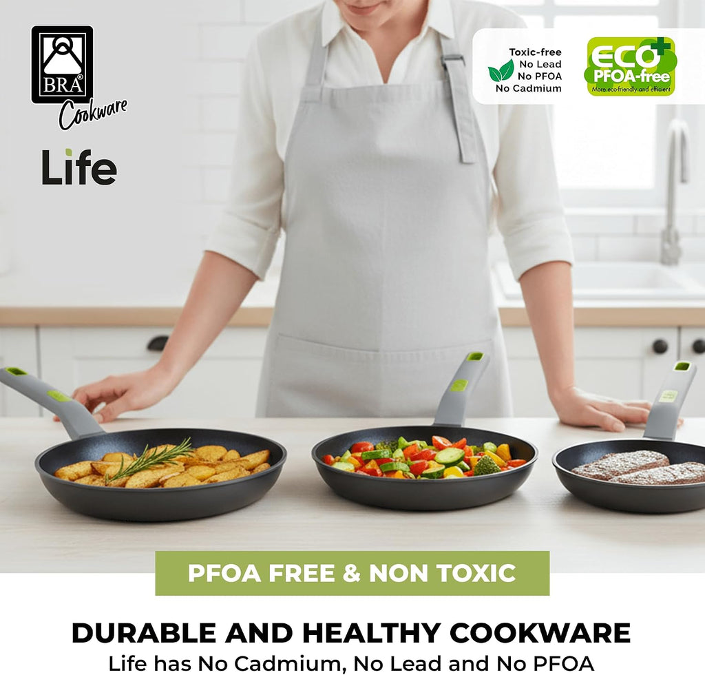 BRA COOKWARE Life 3 Ceramic Nonstick Frying Pan Set | 8+9.5+11 Inch Recycled Cast Aluminum Skillets | Ceramic Non-Stick Fry Pans | PFOA Free Searing Skillets | All Cooktops | Soft-Touch Handle