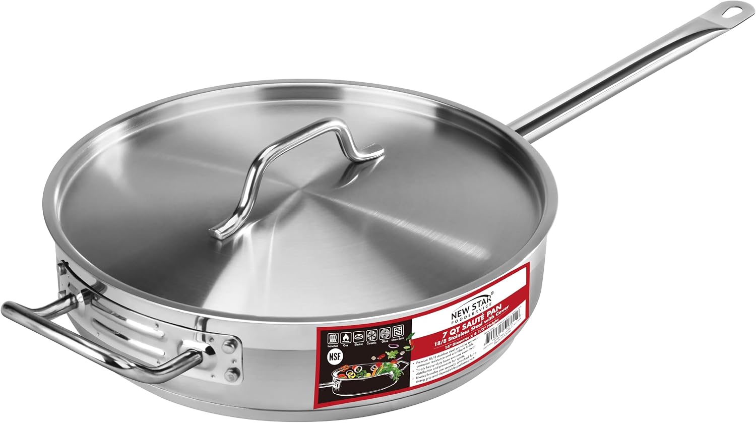 New Star Foodservice 7 Qt Stainless Steel Sauté Pan with Cover, 18/8 Stainless Steel, 3.5-Inch Depth