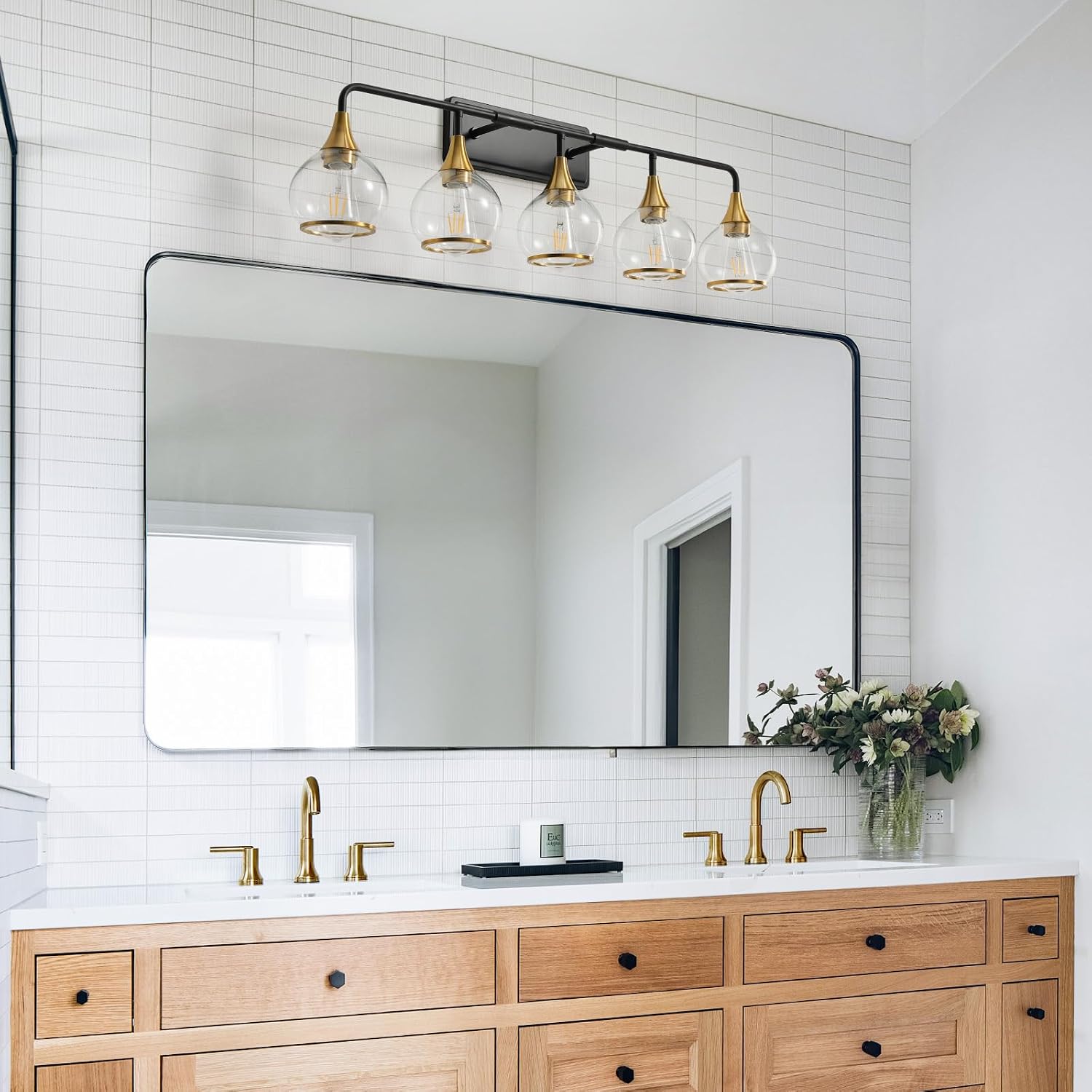 Black and Gold Bathroom Vanity Light 5-Lights Bathroom Light Fixtures Over Mirror with Clear Glass Shade 39.2 inch Wall Sconce Lighting Bath(Exclude E26 Bulb)